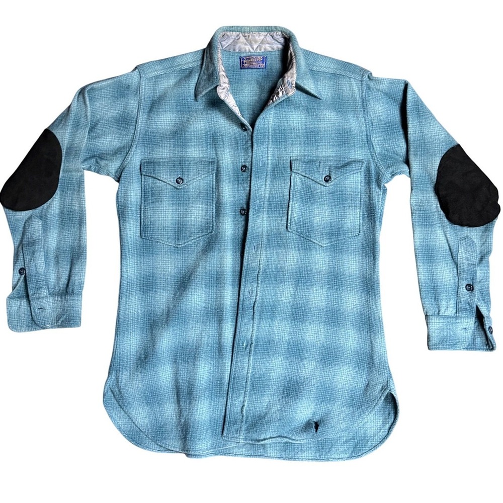 Vintage Pendleton Blue Ombre Plaid Wool Flannel Shirt Elbow Patches *FLAWED*